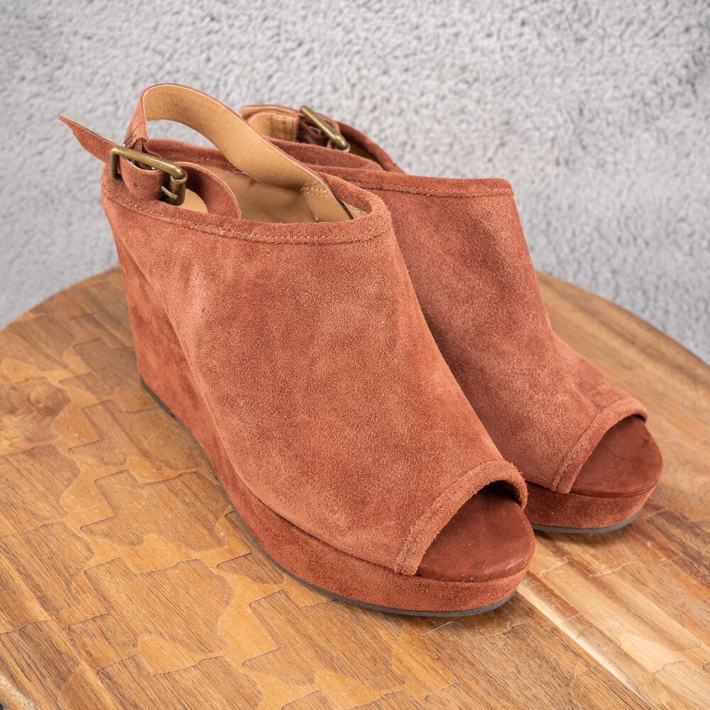Lucky Brand Suede Slingback Wedge Sandal 7.5 Brown Peep Toe